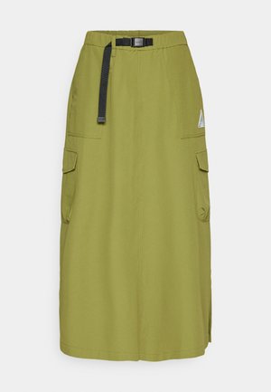 Olive green cargo skirt with a straight cut, featuring front pockets, side slits, and a black belt for adjustable fit.