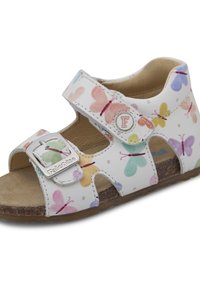 Hvide læder sandaler med farverigt sommerfuglemotiv, der har en velcro-lukning, åben tå-design og en brun struktureret sål.