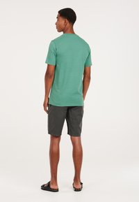 Grøn kortærmet T-shirt i bomuldsstof, parret med mørke shorts og sorte sandaler. Set fra ryggen, som fremhæver pasform og længde.