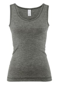 Grijze tanktop van zacht, lichtgewicht materiaal met een v-hals, slim fit en zonder zichtbare patronen of versieringen.
