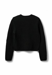 Črn skrajšan pulover iz strukturirane pletene tkanine. Ima dolge rokave in okroglo ovratnico. Enotne barve brez dodatnih vzorcev.