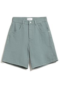 Light green, cotton blend shorts with a relaxed fit, featuring two front pockets and a button fastening at the waist. Straight leg design.