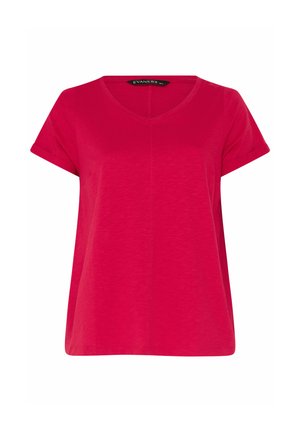 Felroze dames top met korte mouwen en V-hals, voorzien van een centrale naad en omgevouwen mouwboorden, weergegeven op een effen witte achtergrond.