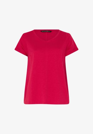 Felroze dames top met korte mouwen en V-hals, voorzien van een centrale naad en omgevouwen mouwboorden, weergegeven op een effen witte achtergrond.