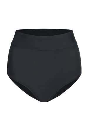 Hochtaillierter schwarzer Bikiniunterteil aus glattem Material, mit einem strukturierten Bund und nahtlosen Kanten für ein elegantes Design.