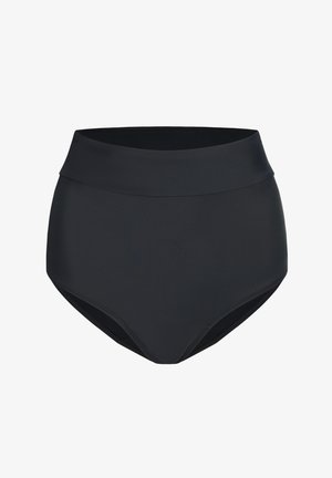 Bas de bikini noir taille haute en tissu lisse et extensible. Présente un design sans coutures avec une ceinture large et confortable.