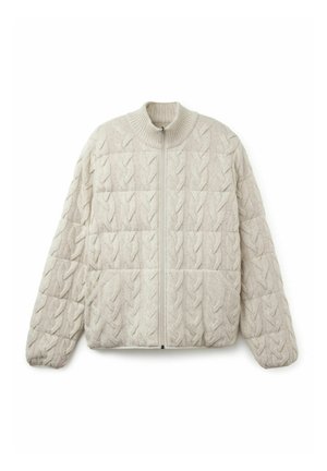 Ljusgrå, zip-up jacka med en kviltad design och kabelstickad textur, ribbad krage och två sidofickor.