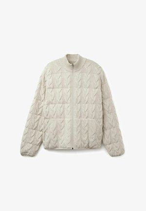 Light gray, zip-up jacket featuring a quilted design with cable knit texture, ribbed collar, and two side pockets.