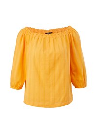 Haut jaune à épaules dénudées avec encolure froncée, manches ballons aux 3/4 et fines rayures texturées. Tissu léger, coupe décontractée.