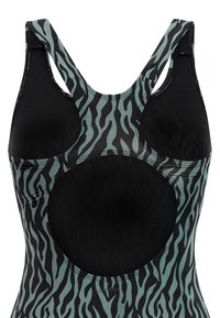 Zwart zwemcostuum met groene zebra strepen, met een ronde uitsnede in het midden en sportieve bandjes. Soepele textuur en aansluitend ontwerp.