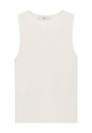 Top alb fără mâneci, cu o textură în dungi, având un decolteu rotund și un croi drept. Eticheta de la gât spune MNG.