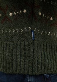 Zelený pletený sveter s rebrovaným lemom, geometrickými vzormi v tlmených tónoch a malou modrou značkou na boku.