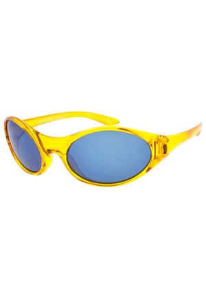 Occhiali da sole gialli in plastica con lenti blu, forma ovale e finitura liscia. Presentano un logo sul braccio e un sottile dettaglio sulla cerniera.