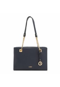 marineblaue Kunstleder-Handtasche mit goldenen Kettenakzenten, flaches Design, rechteckige Form und Logodetail auf der Vorderseite.