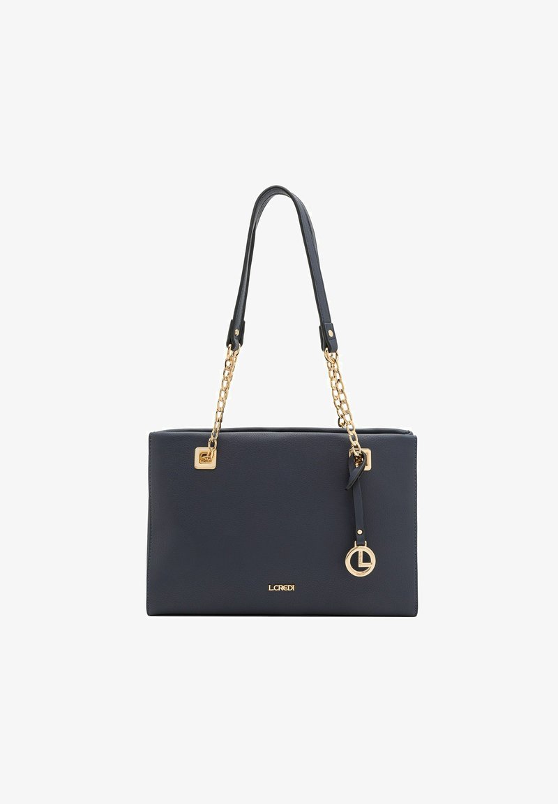 Navy blue faux leather handbag with gold chain accents, flat design, rectangular shape, and logo detail on the front.