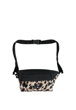 Zwart-beige heuptas met luipaardprint, voorzien van een voorvak met rits en een verstelbare zwarte schouderband met een sluiting van kunststof gespen.