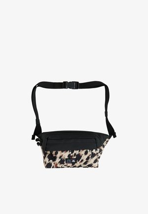 Zwart-beige heuptas met luipaardprint, voorzien van een voorvak met rits en een verstelbare zwarte schouderband met een sluiting van kunststof gespen.