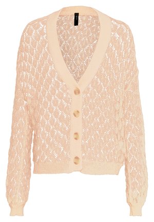 Beige strikket cardigan med lange ærmer, V-hals, fire knapper foran og et hulmønster i hele stoffet.