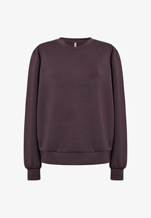 Purple long-sleeve sweatshirt with a round neckline, ribbed cuffs, and a textured, soft fabric. Minimalist design without patterns or accents.
