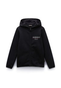 Zwarte rits-hoodie van zachte stof, met een voorkantzak en een capuchon met trekkoord, voorzien van logodetails op de borst.