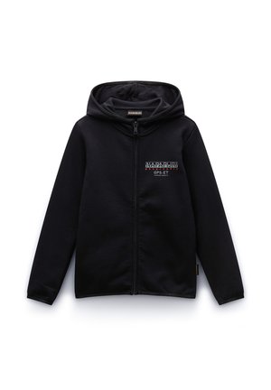 Svart zip-up hoodie i mjuk tyg, med en frontficka och snörning i huvan, samt logodetaljer på bröstet.