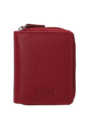Red leather wallet with a stitched design, featuring a zippered closure and embossed "Venezia" logo on the front. Compact and rectangular shape.