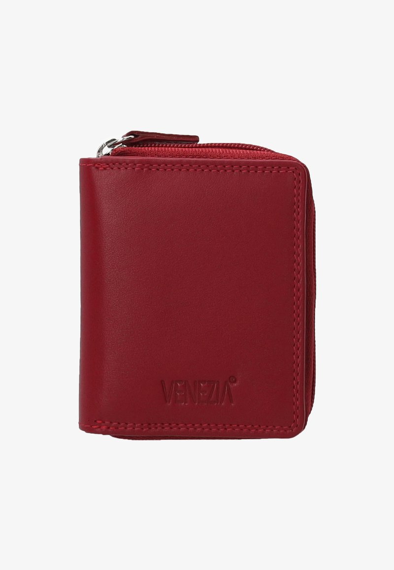 Red leather wallet with a stitched design, featuring a zippered closure and embossed "Venezia" logo on the front. Compact and rectangular shape.