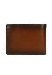 Brązowy skórzany portfel o gładkiej fakturze, z gradientowym wykończeniem od ciemnego do jasnobrązowego, z przeszywanymi krawędziami i prostokątnym kształtem.