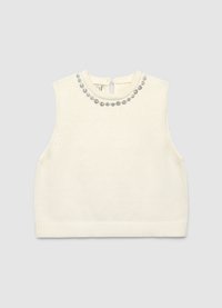 Ärmelloses, cremefarbenes Stricktop mit rundem Ausschnitt, verziert mit silberfarbenen Perlen, minimalistischem Design und einem Rückenschlitz mit Verschluss.