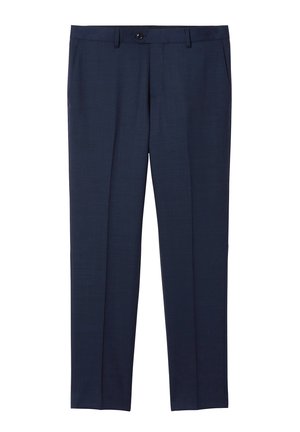 Marineblaue, maßgeschneiderte Hose aus einem glatten Stoff. Verfügt über einen Knopfverschluss, seitliche Taschen und ein gerades Bein-Design.