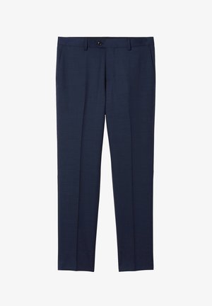Marine skræddersyede bukser lavet af et glat stof. Har knaplukning, frontlommer og et lige ben design.