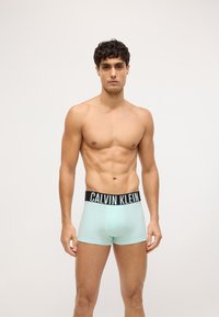 Mėtiniai vyriški bokseriai su juodu Calvin Klein logotipu ant juosmens, pasižymintys prigludusia forma ir minkšta medvilnės medžiaga.