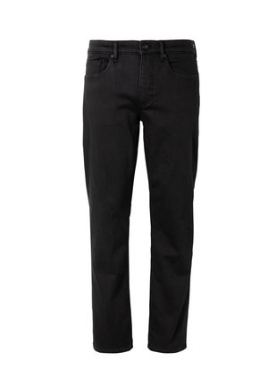 Schwarze Jeans mit geradem Schnitt, ausgestattet mit Fronttaschen, einem Knopfverschluss und einer glatten Textur.