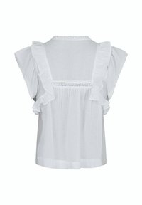 Blusa bianca senza maniche con maniche arricciate, collo arricciato e dettagli in pizzo sulla parte superiore della schiena.