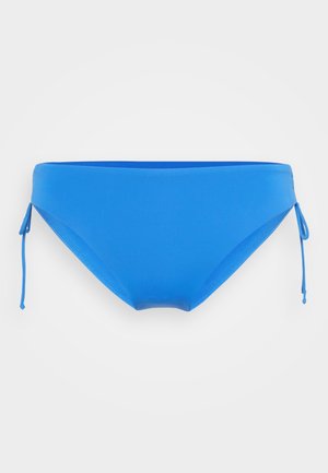 Blue bikini bottom with adjustable ties on the sides, made from smooth fabric, featuring a classic shape and seamless edges.