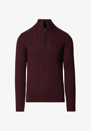 Bordowy sweter z dzianiny z wysokim kołnierzem i zamkiem na ćwiartkę. Posiada wzór warkocza oraz ściągacze na mankietach i dole.