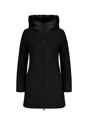 Cappotto lungo nero con maniche a lungo e cappuccio a sbuffo, dotato di una zip centrale e tasche laterali. Tessuto liscio con una texture sottile.