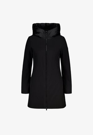 Zwarte lange jas met mouwen en een puffy capuchon, voorzien van een centrale ritssluiting en zijzakken. Glad materiaal met een subtiele textuur.