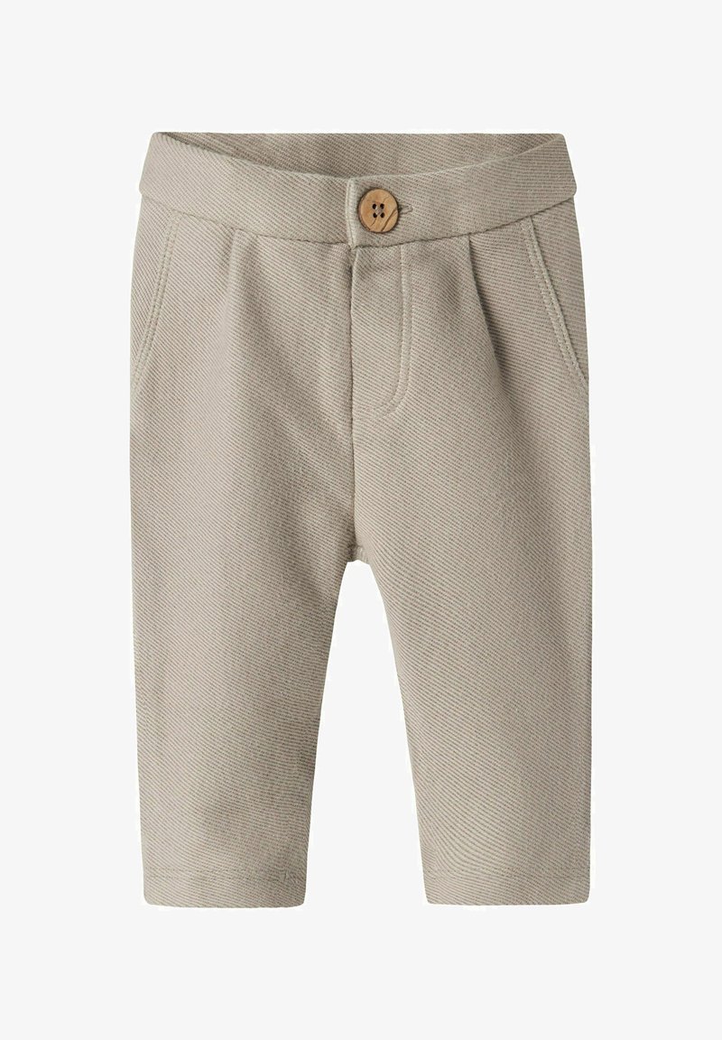 Light beige children's pants made of textured fabric, featuring a button closure, two front pockets, and a tailored design.