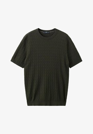 Pull court à manches courtes en maille vert foncé avec un motif torsadé, un col rond et un ourlet et des poignets côtelés.