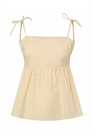 Gul ærmeløs top med tynde lodrette striber, firkantet halsudskæring og justerbare bindebånd på skuldrene.