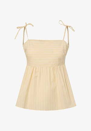 Gul ærmeløs top med tynde lodrette striber, firkantet halsudskæring og justerbare bindebånd på skuldrene.
