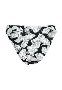 Mustast bikiinialusest, millel on valge tuulelippude muster. Materjal on sile ja veniv, keskmise kõrgusega lõikega ning keha järgi vormiv.