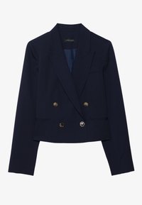 Blazer croisé bleu marine en tissu lisse, doté de boutons dorés, de revers nets et d'un design court avec des poches à rabat.
