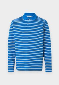 Μακρυμάνικη πόλο μπλούζα με μπλε βάση και λεπτές λευκές οριζόντιες ρίγες, με κλασικό γιακά και λαιμόκοψη με τρία κουμπιά.