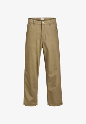 Pantalones anchos de algodón color caqui con bolsillos delanteros, trabillas para cinturón y cierre con botón de latón en la cintura.