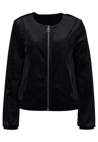 Svart velour bomberjacka med rund halsringning, främre dragkedja och elastiska ärmslut och nederkant. Slät textur, inga synliga mönster.