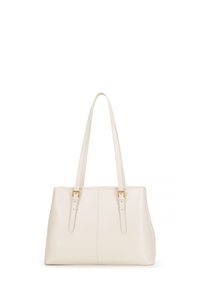 Borsa tote in pelle bianca con due lunghe spalline, forma rettangolare, dettagli in hardware dorato, texture liscia e cuciture sottili.