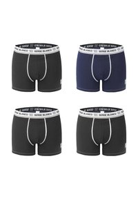 Ensemble de boxers composé de deux paires noires et de deux paires bleu marine. Fabriqué en coton, avec une ceinture élastique grise et des détails de couture contrastants.