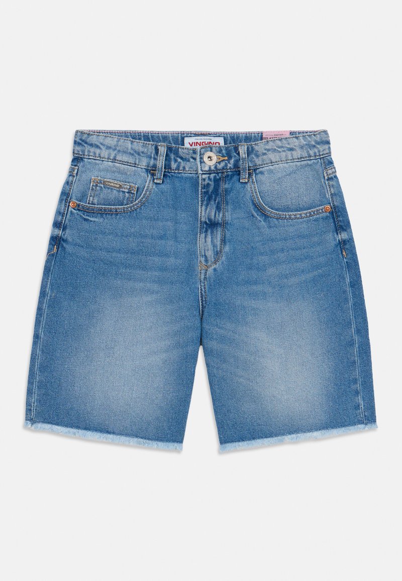 Denim kratke hlače v svetlo modri barvi s raztrganim robom, zasnovo s petimi žepi in gumbnim zapiranjem. Imajo subtilno bledenje in kontrastno šivanje.
